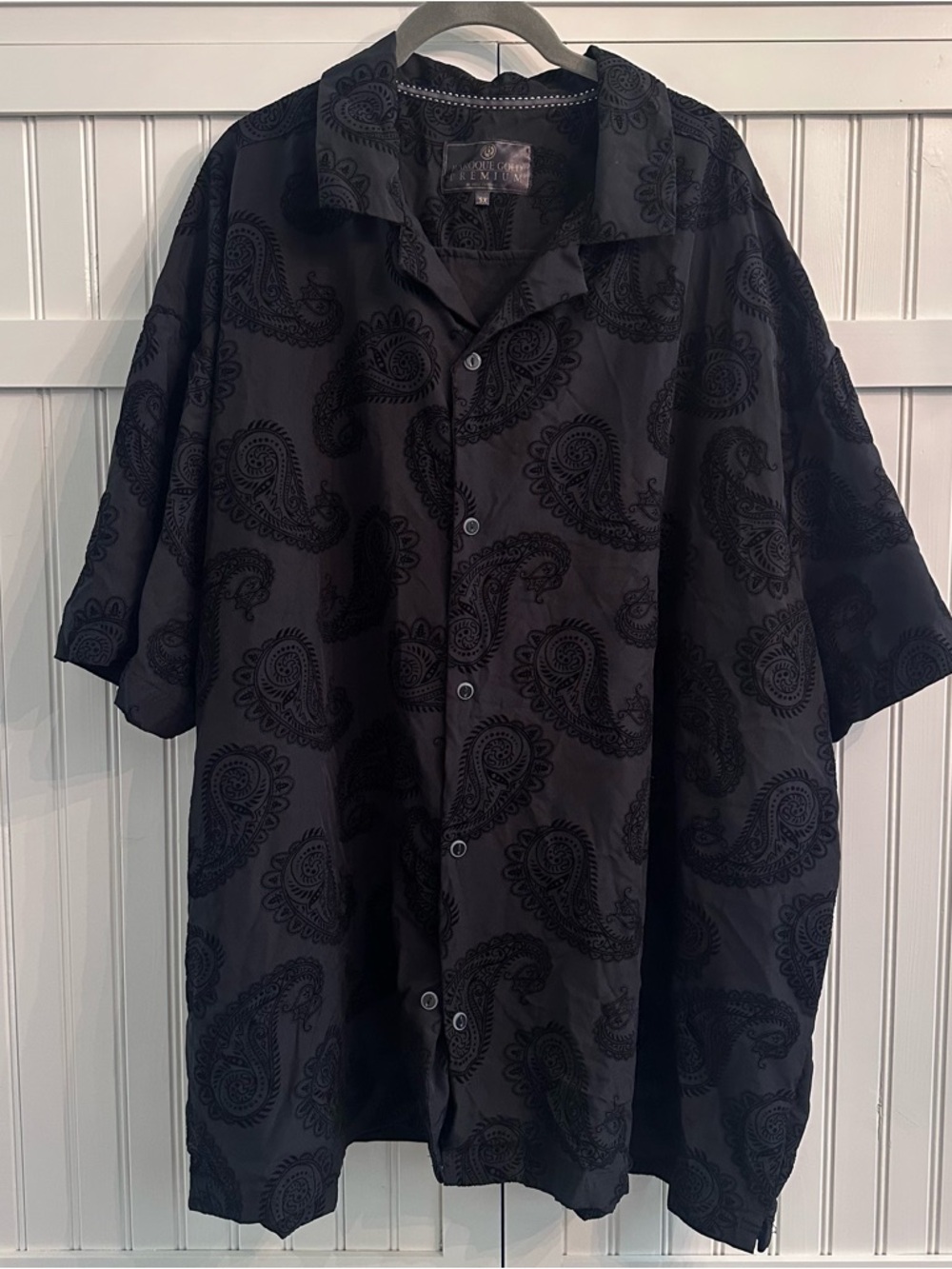 Men's Black Paisley Short-Sleeve Button-Down Shirt by Baroque Gold Premium 5XL